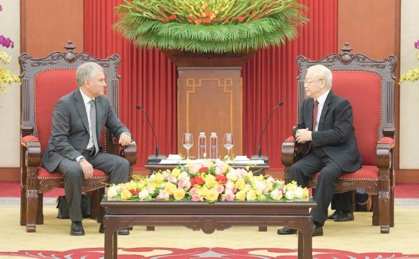 Tổng Bí thư Nguyễn Phú Trọng tiếp Chủ tịch Duma Quốc gia Quốc hội Liên bang Nga