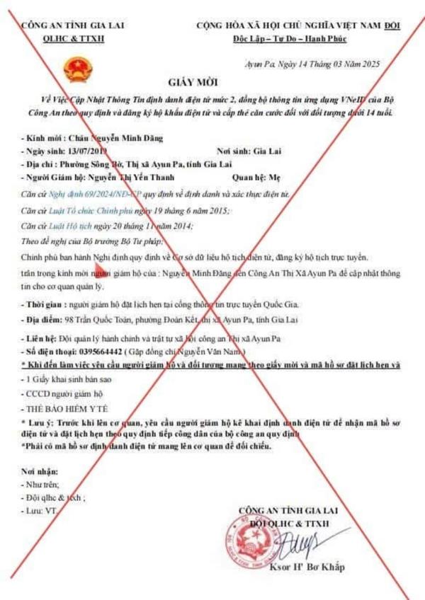 Cảnh báo giả mạo giấy mời có hình chữ ký của Phó Giám đốc Công an tỉnh Gia Lai