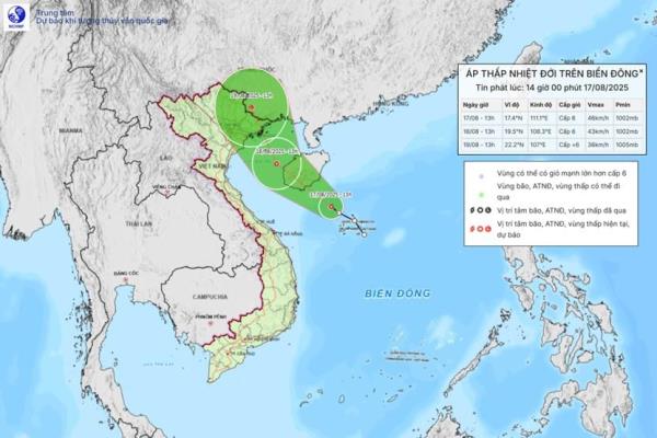 Cập nhật đường đi của áp thấp nhiệt đới trên Biển Đông