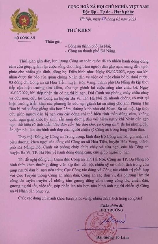 Nhiều chiến sỹ Công an dũng cảm cứu người, Bộ trưởng Tô Lâm gửi thư biểu dương